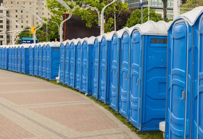 Seasonal porta potty units set up at a Vallejo, California venue